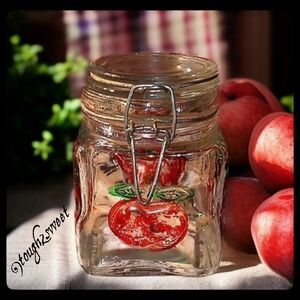 VINTAGE RETRO GLASS 4 SIDED HAND PAINTED DISTRESSED SQUARE APPLE SUGAR JAR